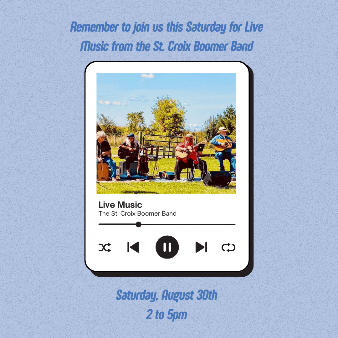 Join us on Saturday, August 30th for live music and vegan food by the Winnesota Wonder food truck. Happening 2 to 5 pm.